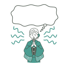 手を合わせて祈っている着物姿の女性と吹き出し-2色