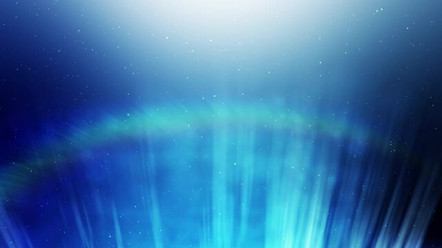 Flying particles with white and blue light streaks. Beautiful Shiny Lights from sky with lens flare. Gradient background.