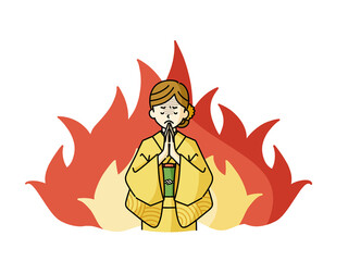 手を合わせて祈っている着物姿の女性