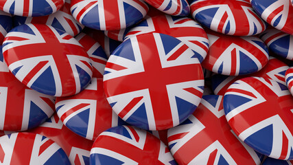 3d rendering of a lot of badges with the British flag in a close up view