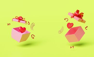 pink open gift box with red heart isolated on green background.christmas and new year day,health love or world heart day,valentine's day concept,minimal abstract,3d illustration or 3d render