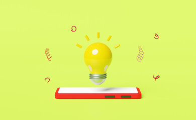 mobile phone or red smartphone with yellow light bulb isolated on green background.idea tip concept,minimal abstract,3d illustration or 3d render