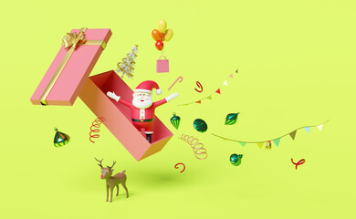 Santa claus in pink open gift box,christmas tree,reindeer,paper bags,balloon isolated on green background.website,poster or Happiness cards,festive New Year concept,3d illustration or 3d render