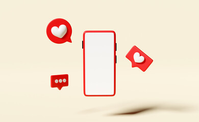 mobile phone,smartphone with like red heart icons,social media,like notifications on beige background.health love,world heart day,valentine's day concept,3d illustration,3d render