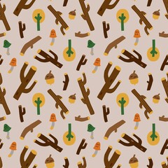 Autumn forest seamless pattern. Black line hand drawn scandinavian style branch, acorn and mushrooms. Scandi design, kids nursery. Decor textile, wrapping paper wallpaper vector print or fabric