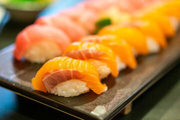 fresh salmon raw sushi on plate