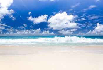 Fototapeta na wymiar The island of dreams. White coral sand and azure indian ocean.