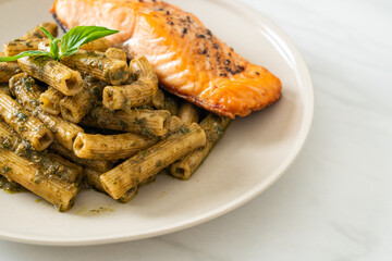 pesto quadrotto penne pasta with grilled salmon