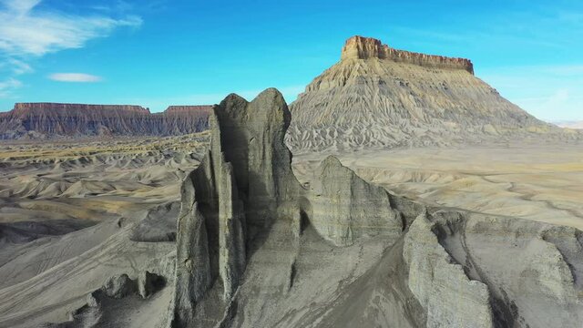 Factory Butte, North Caineville Mesa and Grey Sandstone Formation in Utah Desert Drone Aerial View