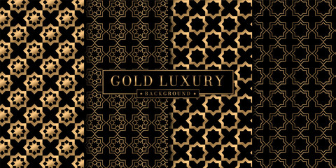 Abstract geometric pattern with gold luxury Islamic ornament pattern combination set. Brochure cover template vintage wallpaper collection