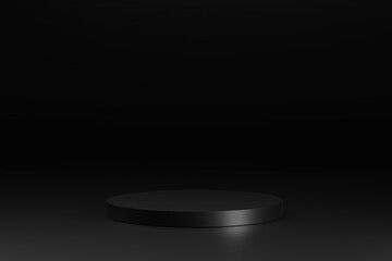 3d render of light circle podium on black background. Abstract background with round pedestal. Empty stage for showing product