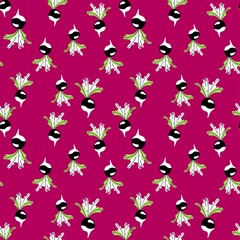 Fototapeta premium Bold colors crazy roots with leaves seamless pattern vector. Funny cartoon black radish or beet vegetables endless texture vector illustration. Hand-drawn fresh veggies - bright endless texture vector