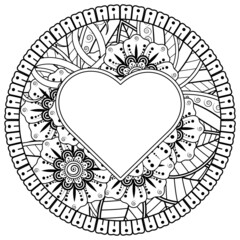 mehndi flower with frame in shape of heart. decoration in ethnic oriental, doodle ornament.