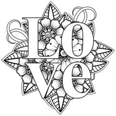 love words with mehndi flowers for coloring book page doodle ornament