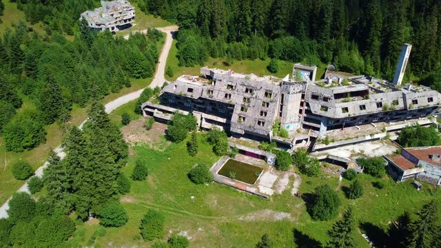Hotel Igman - Abandoned Venue Of 1984 Olympic In Sarajevo, Bosnia and Herzegovina. - aerial approach