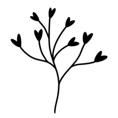 Branch with leaves in the shape of hearts vector icon. Hand-drawn illustration isolated on white background. Black silhouette of a twig. Plant sketch. Wild flower monochrome doodle.