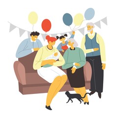 Child birthday celebration, family members fun