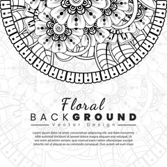 Background with mehndi flowers. Book cover with flower texture. Black lines on white background.