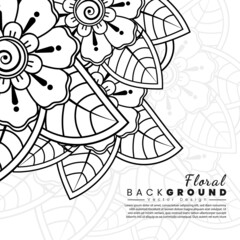Background with mehndi flowers. Book cover with flower texture. Black lines on white background.