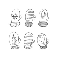 mittens set. hand drawn doodle icon. vector, scandinavian, nordic, minimalism, monochrome. winter clothing, warm, knitted.