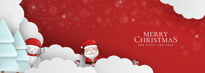 Merry Christmas banner, Xmas Party with gifts box, tree, snowman and santa claus. Horizontal Christmas posters, greeting cards, headers, website.