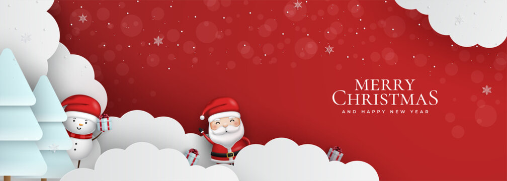 Merry Christmas banner, Xmas Party with gifts box, tree, snowman and santa claus. Horizontal Christmas posters, greeting cards, headers, website.