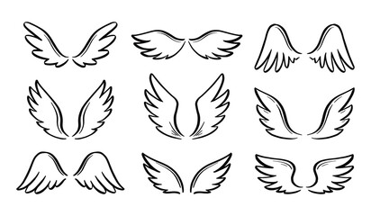 Angel doodle wing set. Hand drawn sketch style wing. Bird feather, angel concept vector illustration. Pencil line drawing.