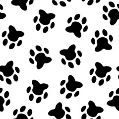 Fototapeta premium Flat cartoon animal footprint silhouette seamless pattern. Cat or dog foot, unknown animal. Black print paw trace. Vector illustration. Trendy style design