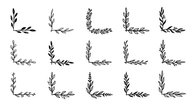 Corner flourish border set. Hand drawn doodle style corner with rustic floral element. Vector illustration border.