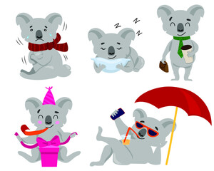 Set a cute koala is sleeping, going to work. Koala got sick and is sitting at home. Koala celebrates birthday and rests on the beach. Cartoon style