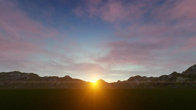 sunrise over the mountainous land with moving cloud and sunstar effect