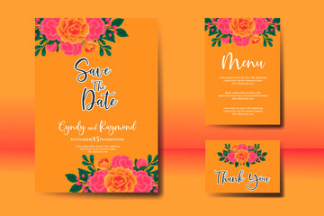 Wedding invitation floral watercolor Digital hand drawn Orange Rose Flower design. Invitation Card Template