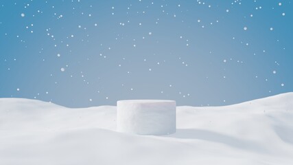 White cylider snow podium and snow fall on blue sky. Minimal mock up product background for Christmas and winter holiday concept.3d render illustration.