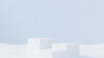 White cube snow podium and winter landscape with blue sky. Minimal mock up product background for Christmas and winter holiday concept.3d render illustration.