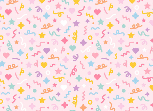 A pattern composed of confetti and cute shapes randomly on a pink background. Simple pattern design template.