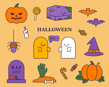 Happy Halloween. Collection of cute Halloween characters icons. flat design style vector illustration.