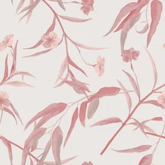Gordijnen Floral seamless pattern, red ruellia tuberosa flowers and eucalyptus on brown © momosama