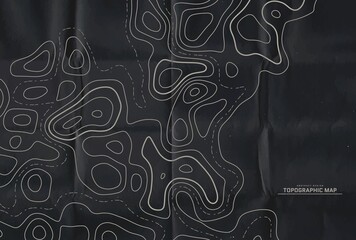 Topographic map abstract background. Outline cartography landscape. Topographic relief map on dark backdrop. Modern cover design with wavy lines. Vector illustration with weather map outline pattern.