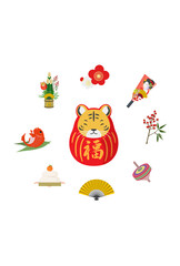 寅年ダルマと様々な正月素材の年賀状
