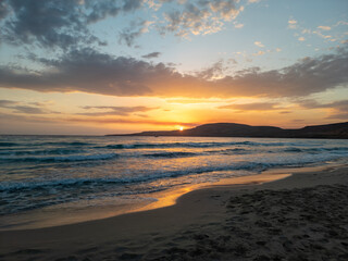 Fototapeta na wymiar Sunset at Simos beach in Elafonisos island in Greece