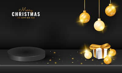 modern black merry christmas and happy new year podium banner with golden sparkle gift box and ball