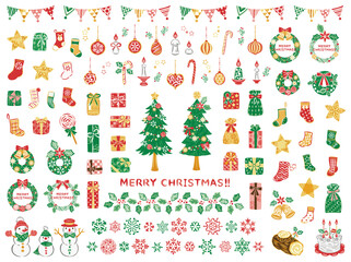 クリスマスツリー　リース　プレゼント　イラスト素材セット