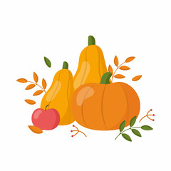 Autumn still life with pumpkins, apple, and leaves isolated on white background. Vector illustration