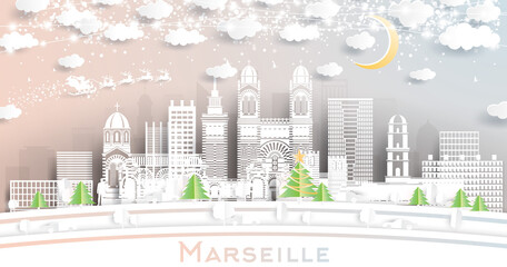Marseille France City Skyline in Paper Cut Style with Snowflakes, Moon and Neon Garland.