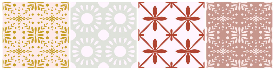 Tile portugal flower seamless pattern set. Geometric background. Traditional azulejo repeat ornament. Vector monochrome pattern collection.Abstract vintage print for fabric,packaging.Scrapbook paper