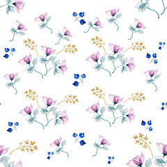 Obraz na płótnie Canvas Digital Paper Wallpaper Seamless Pattern for Textiles Watercolor Delicate Flowers Pink Purple Blue