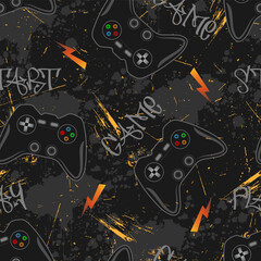 Cool print for guys with game joysticks on gray and orange grunge. © Vitalii_ART