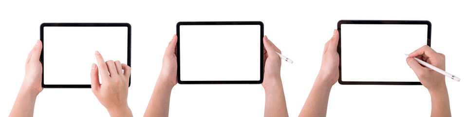 hand holding tablet with blank screen isolated on white background - obrazy, fototapety, plakaty