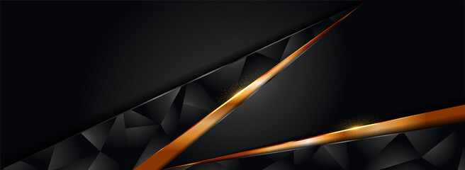 Abstract Black Background Combined with 3d Polygonal Shape and Golden Glitter Lines. Luxury Elegant Style Concept. Usable for Background, Wallpaper, Banner, Poster, Brochure, Card, Web, Presentation.