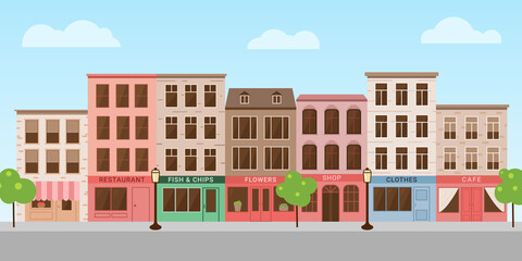 Street buildings banner. City houses view skyline.